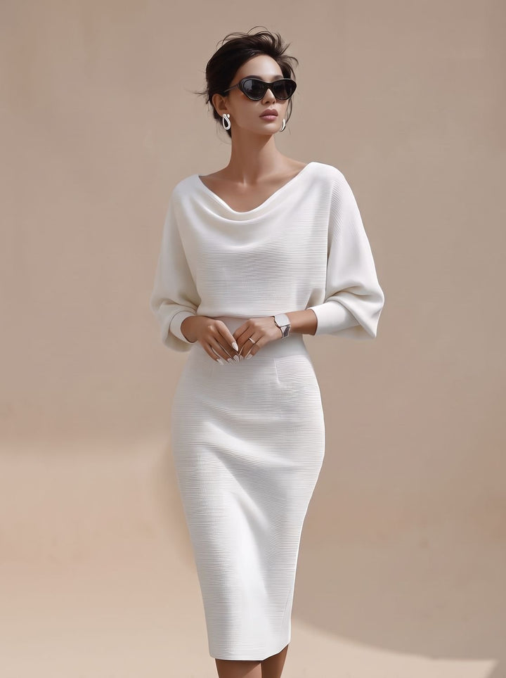 Damen Strickkleid Midi elegant für Business und Abend in Weiß