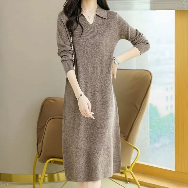 Damen Strickkleid Midi festlich für Hochzeitsgäste in Khaki