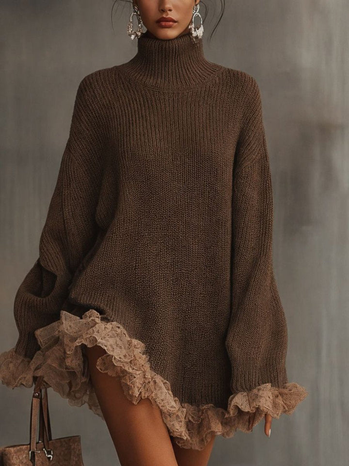 Damen Strickkleid mit festlichen Rüschen für Herbst in Braun