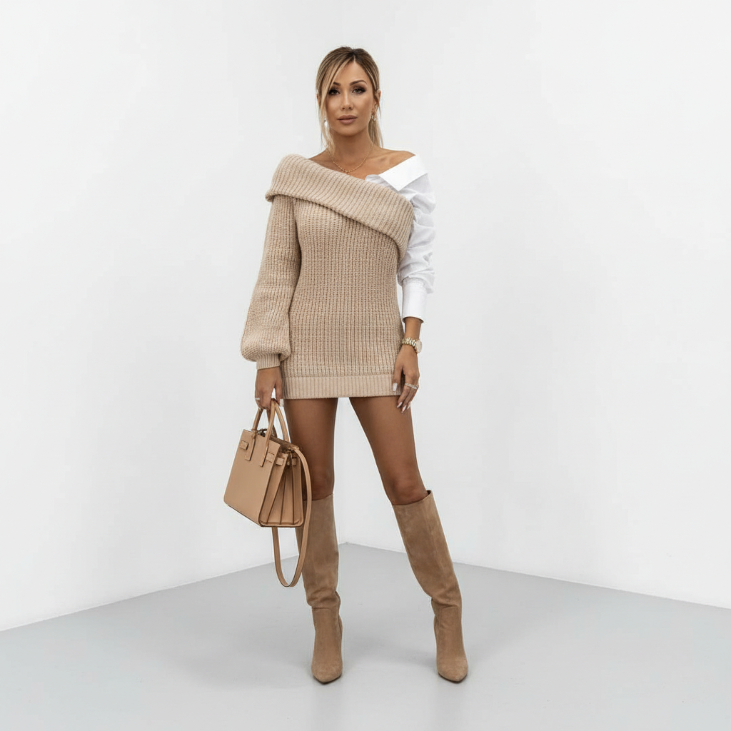 Damen Strickkleid mit Hemddetails für Herbst in Khaki