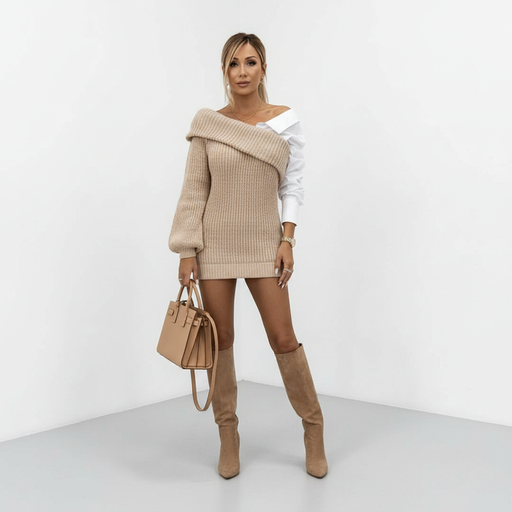 Damen Strickkleid mit Hemddetails für Herbst in Khaki