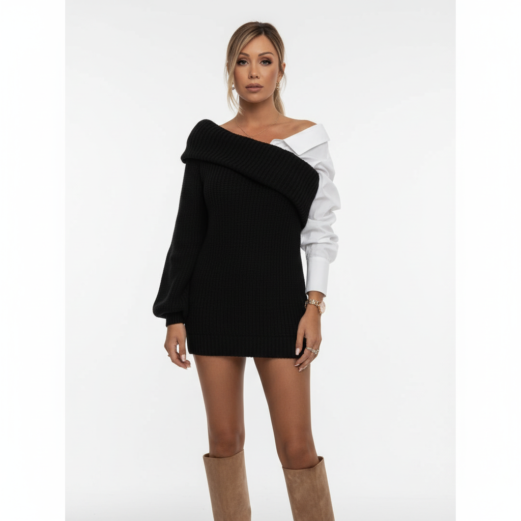 Damen Strickkleid mit Hemddetails für Herbst in Schwarz