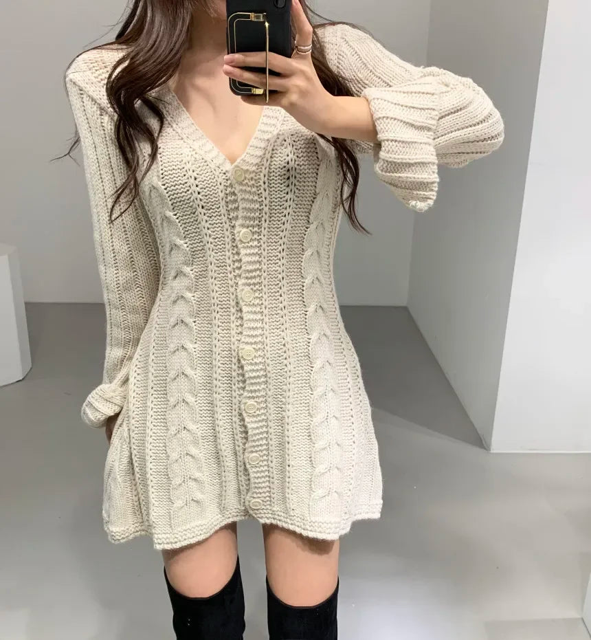 Damen Strickkleid mit Norweger-Muster für Herbst in Creme