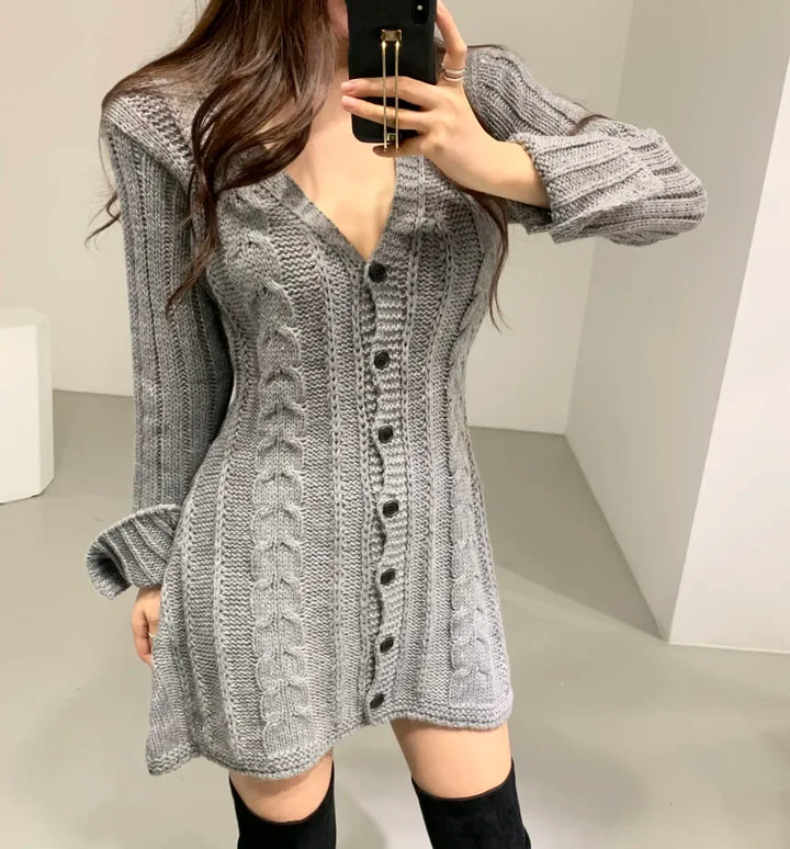 Damen Strickkleid mit Norweger-Muster für Herbst in Grau