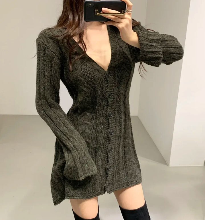 Damen Strickkleid mit Norweger-Muster für Herbst in Khaki