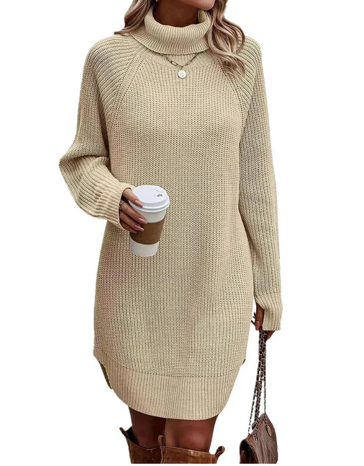 Damen Strickkleid mit Rollkragen für Herbst in Beige