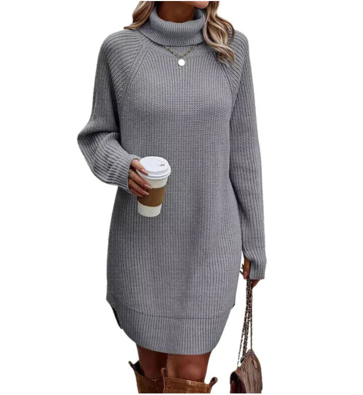 Damen Strickkleid mit Rollkragen für Herbst in Grau