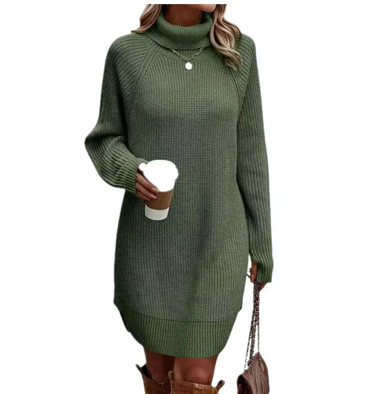 Damen Strickkleid mit Rollkragen für Herbst in Grün