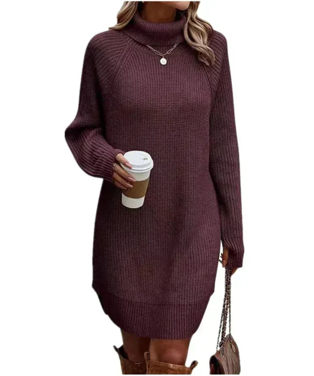 Damen Strickkleid mit Rollkragen für Herbst in Lila