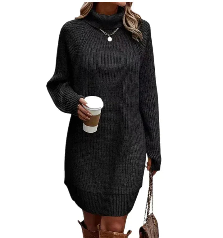 Damen Strickkleid mit Rollkragen für Herbst in Schwarz