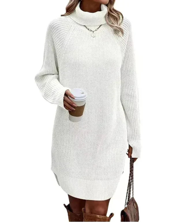 Damen Strickkleid mit Rollkragen für Herbst in Weiß