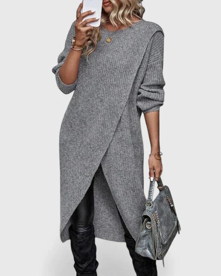 Damen Strickkleid Wickelsaum für Herbst in Grau 1