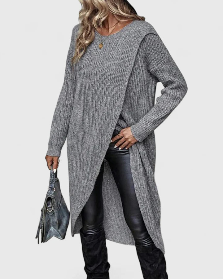 Damen Strickkleid Wickelsaum für Herbst in Grau 3