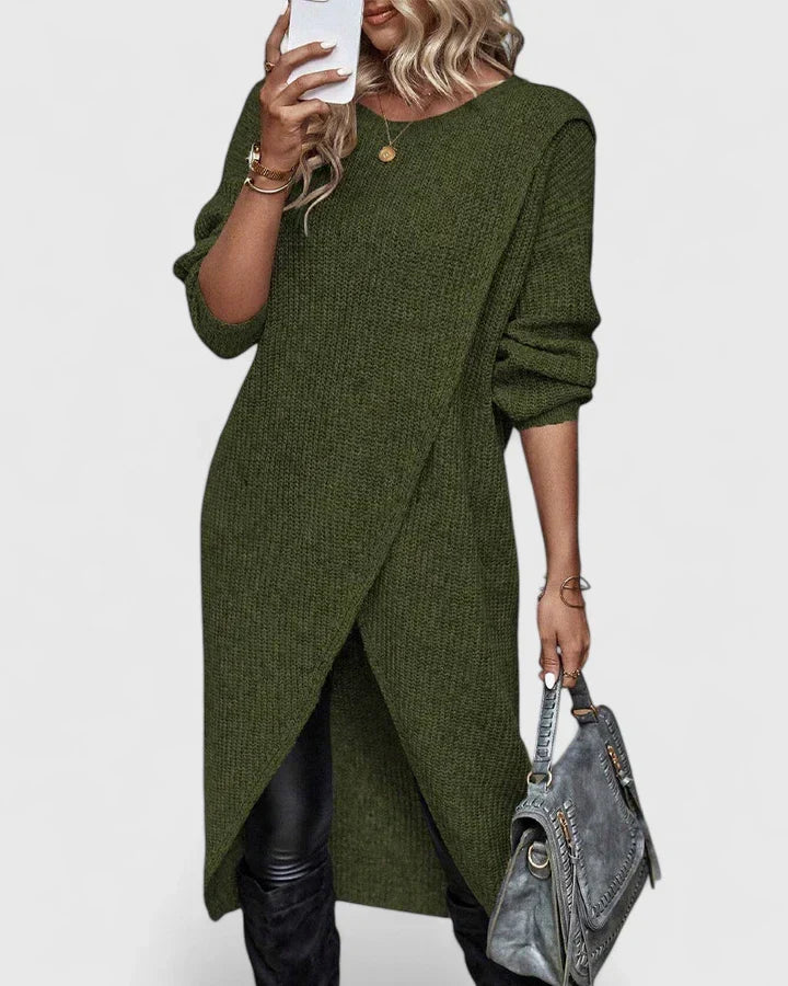 Damen Strickkleid Wickelsaum für Herbst in Grün