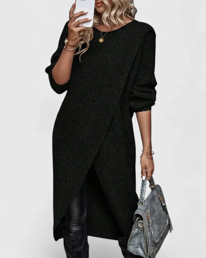 Damen Strickkleid Wickelsaum für Herbst in Schwarz