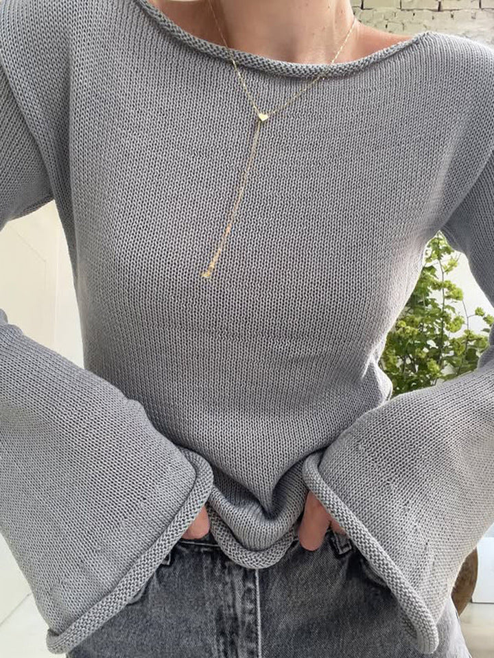 Damen Strickpullover im Casual-Look mit weiten Trompetenärmeln zum Layering in Grau