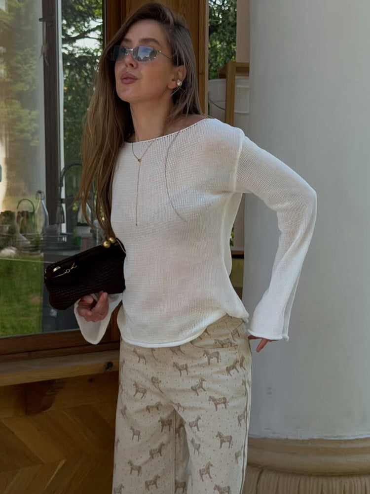 Damen Strickpullover im Casual-Look mit weiten Trompetenärmeln zum Layering in Weiß