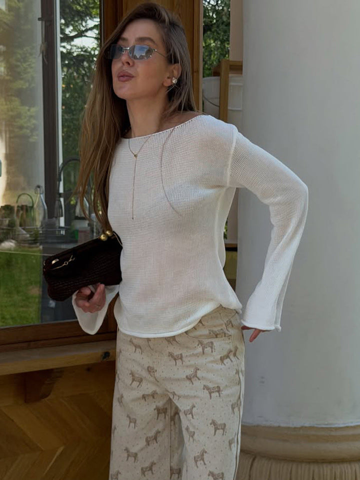 Damen Strickpullover im Casual-Look mit weiten Trompetenärmeln zum Layering in Weiß