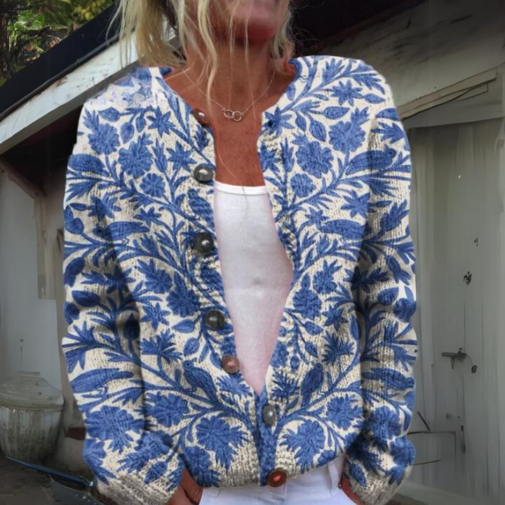 Damen Strickweste mit Blumenmuster in Blau