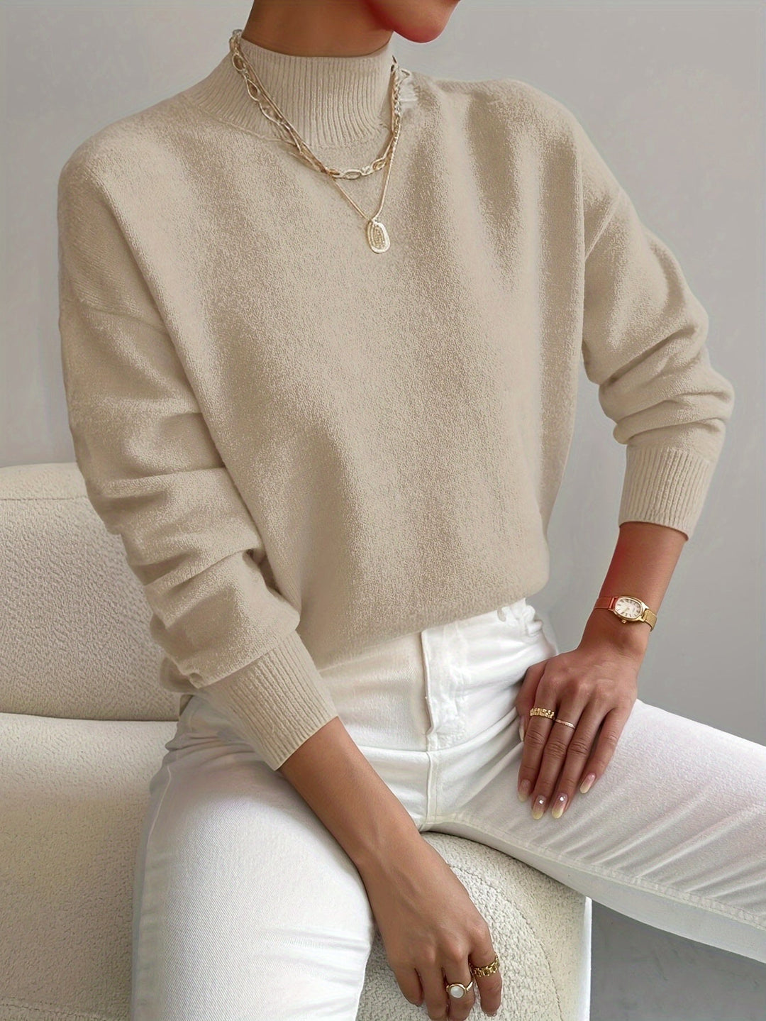 Damen Sweatshirt mit Rollkragen für Herbst in Beige