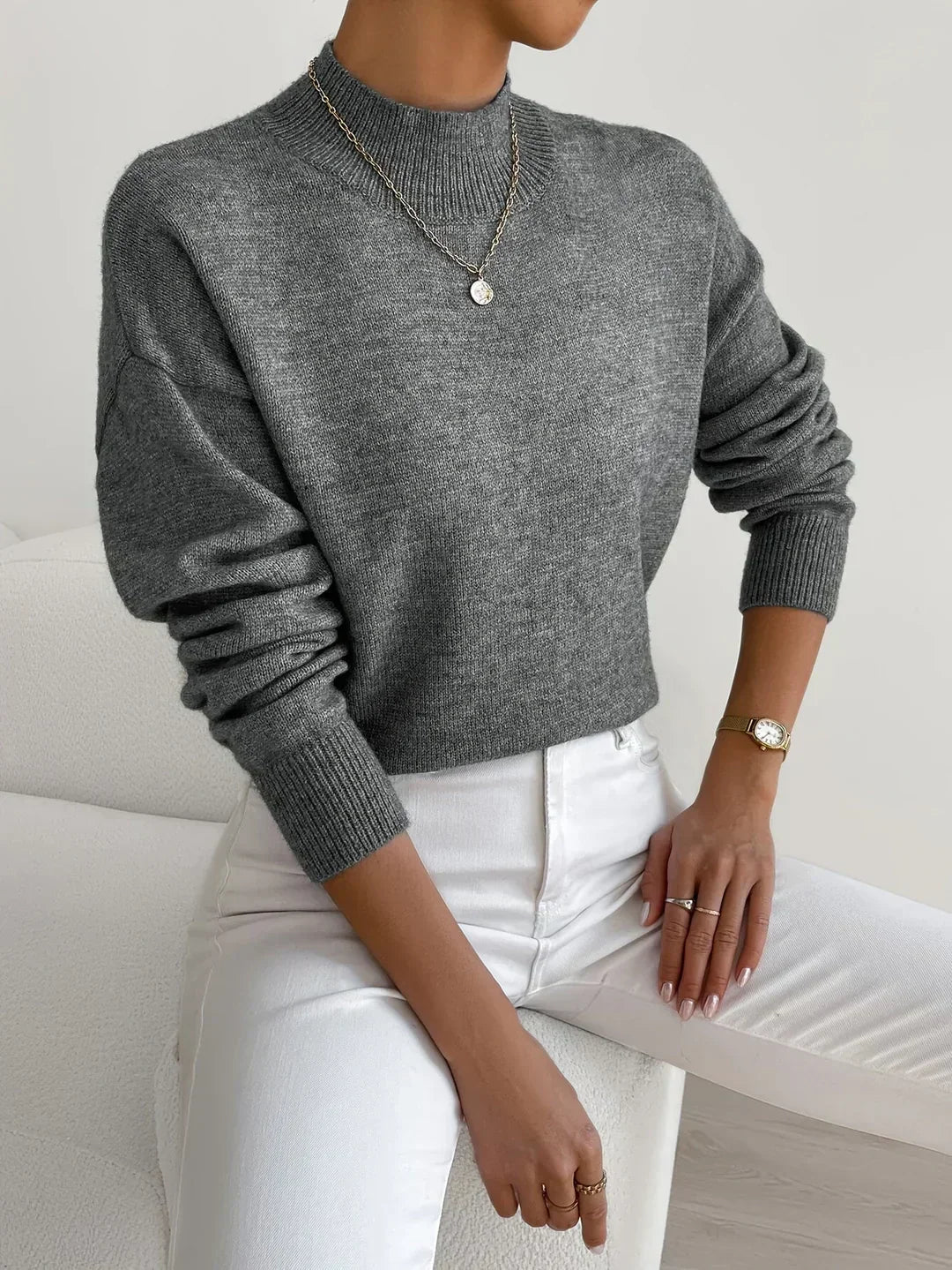 Damen Sweatshirt mit Rollkragen für Herbst in Dunkelgrau