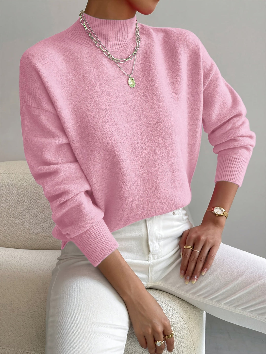 Damen Sweatshirt mit Rollkragen für Herbst in Hellrosa