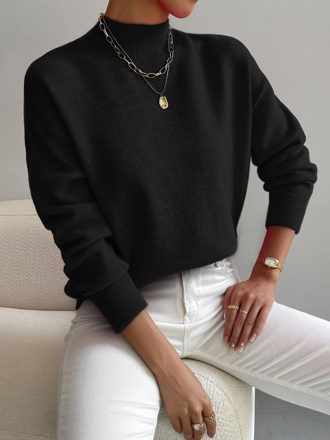 Damen Sweatshirt mit Rollkragen für Herbst in Schwarz