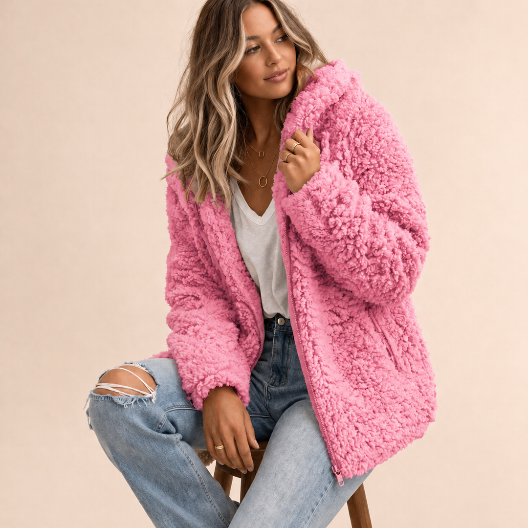 Damen Teddy Jacke Oversized für den Herbst in Rosa