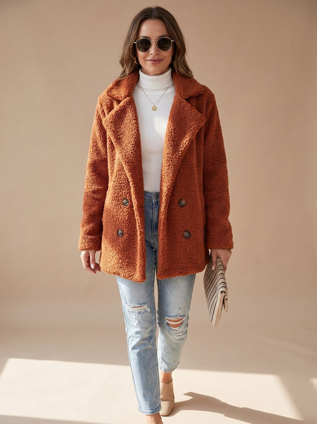 Damen Teddy-Trenchcoat für den Winter in Caramel