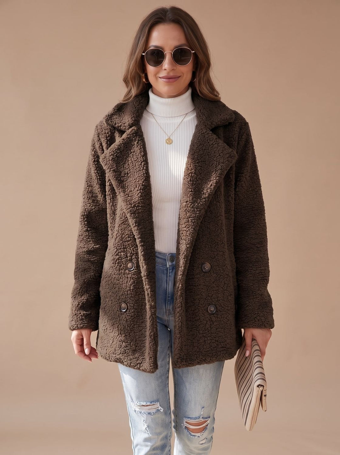Damen Teddy-Trenchcoat für den Winter in Coffee