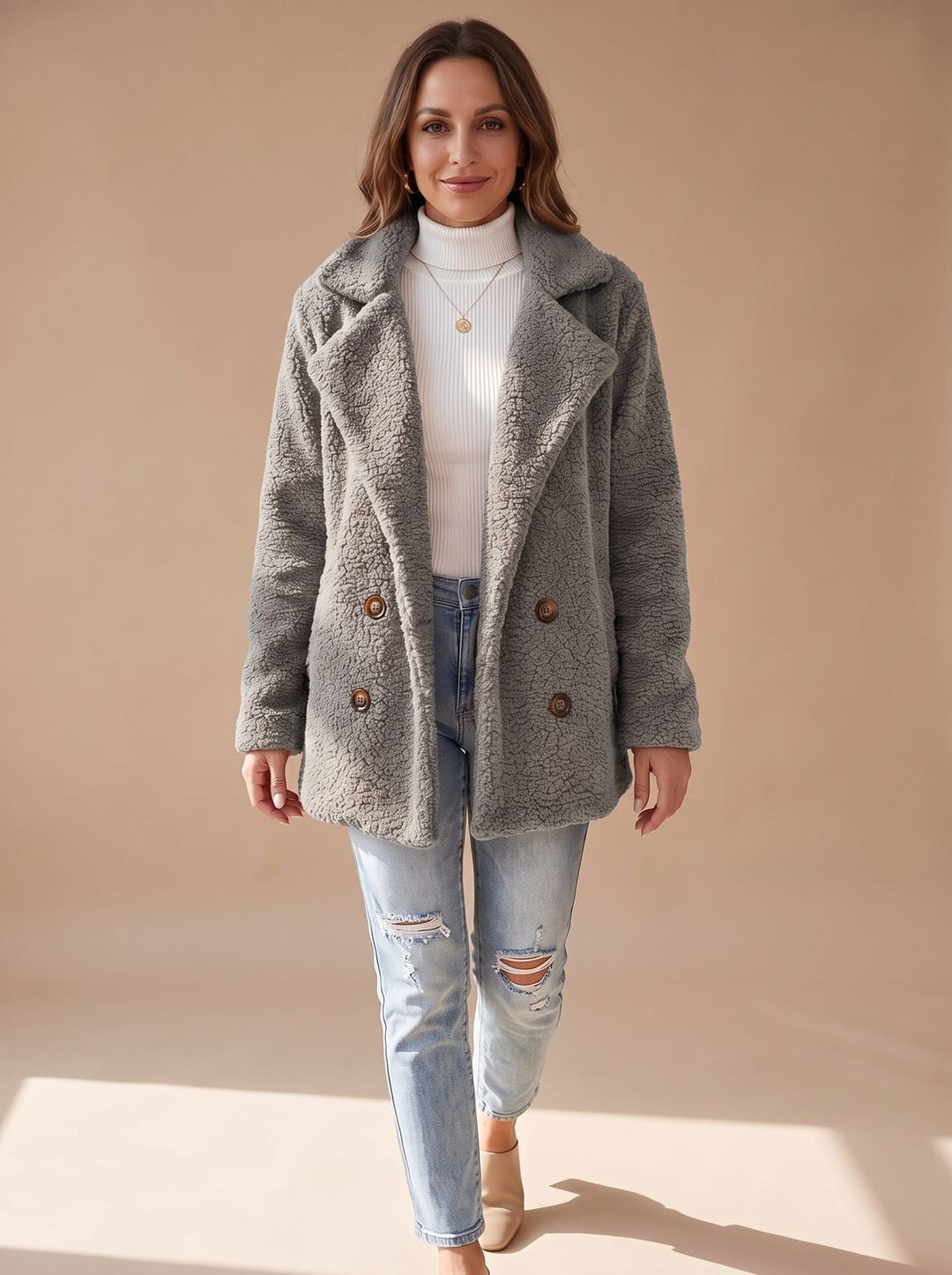 Damen Teddy-Trenchcoat für den Winter in Hellgrau