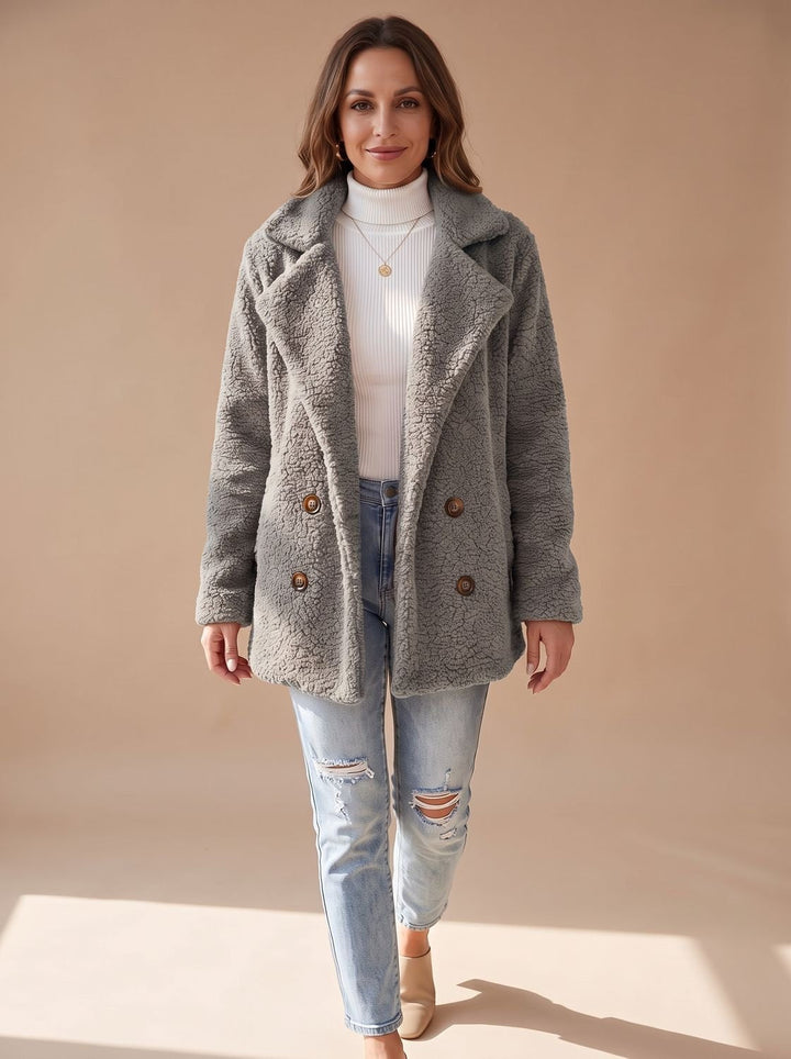 Damen Teddy-Trenchcoat für den Winter in Hellgrau