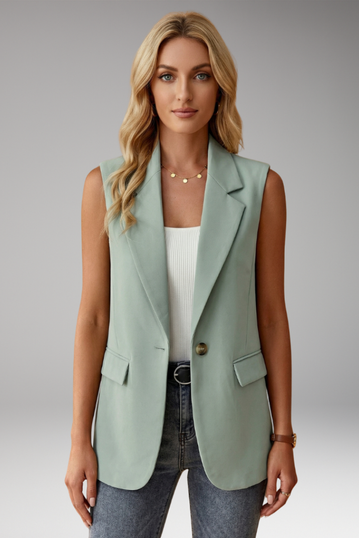 Damen Trenchcoat Blazer ärmellos mit Kragen in Grün