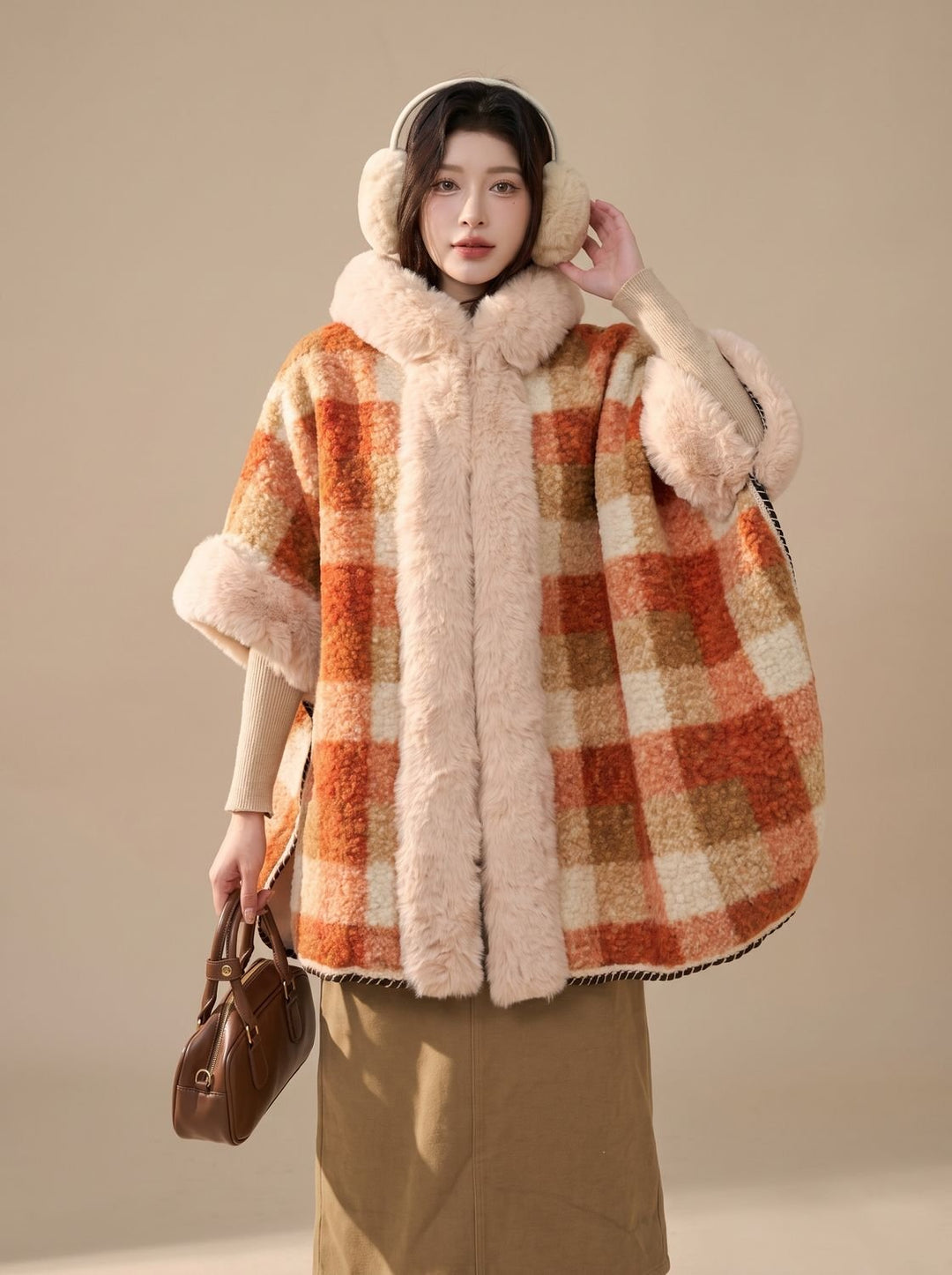 Damen Trenchcoat im Cape-Stil mit Karomuster