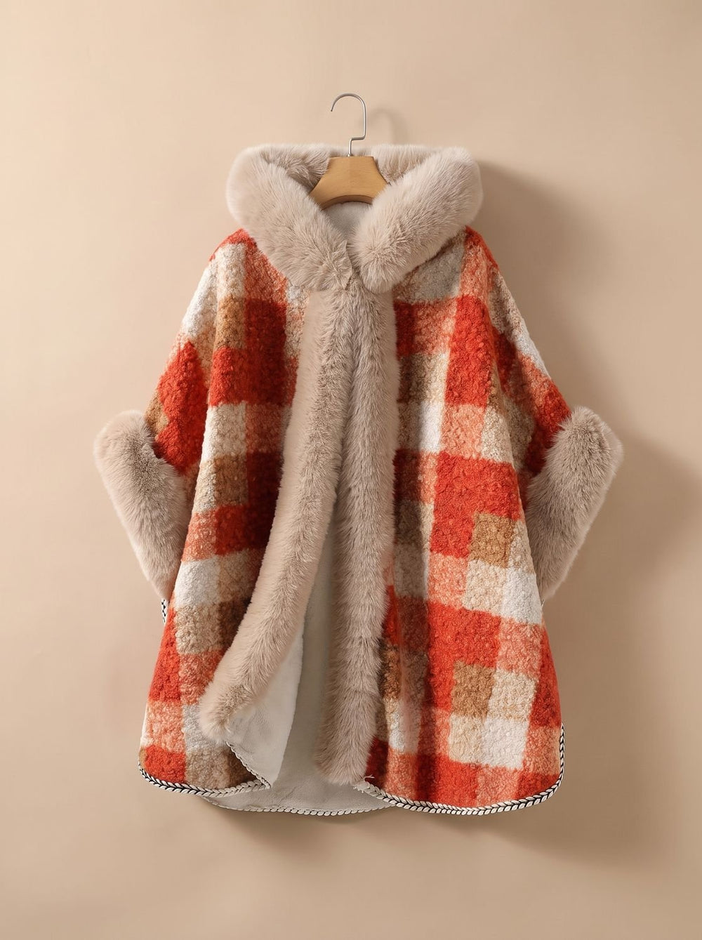 Damen Trenchcoat im Cape-Stil mit Karomuster in Orange