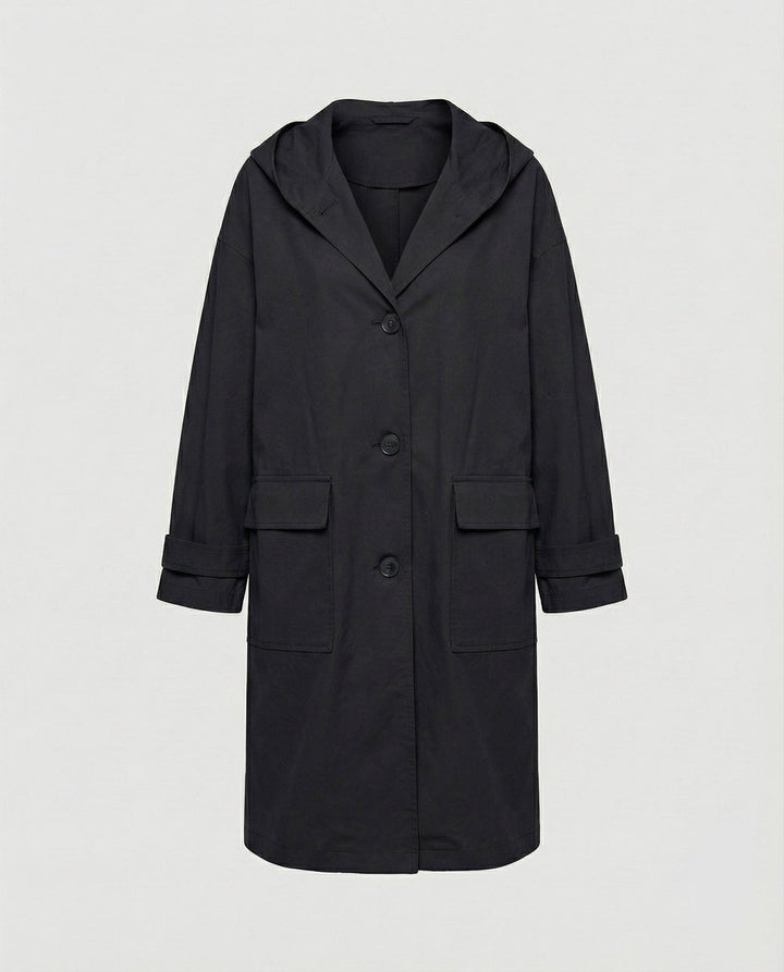 Damen Trenchcoat im klassischen Stil mit Kapuze in Schwarz
