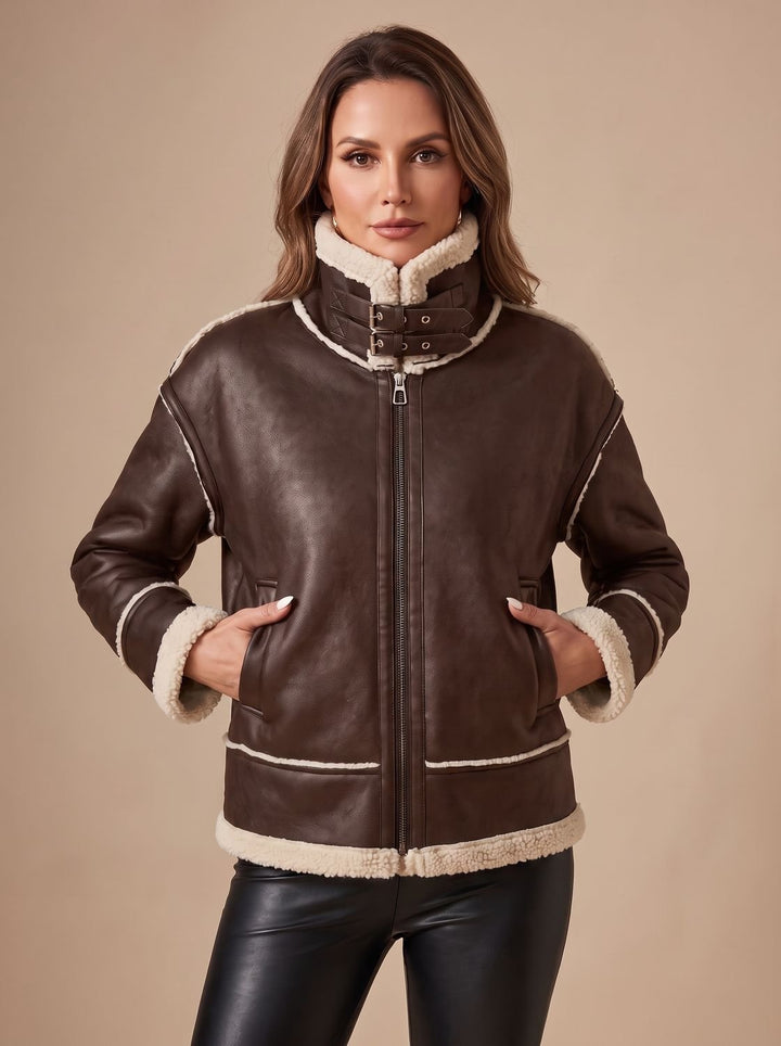 Damen Trenchcoat Kunstleder Sherpa-gefüttert Reißverschluss in Braun