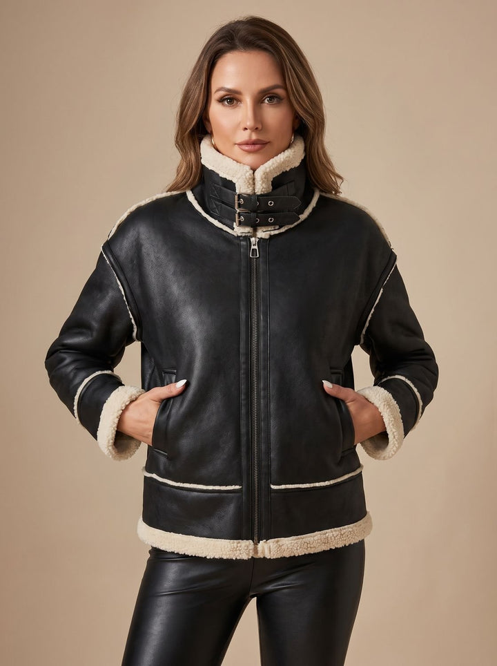 Damen Trenchcoat Kunstleder Sherpa-gefüttert Reißverschluss in Schwarz 2