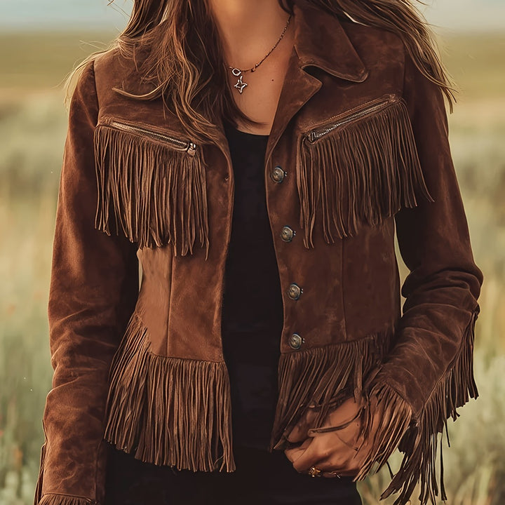 Damen Trenchcoat mit Fransen im Western-Stil in Dunkelbraun