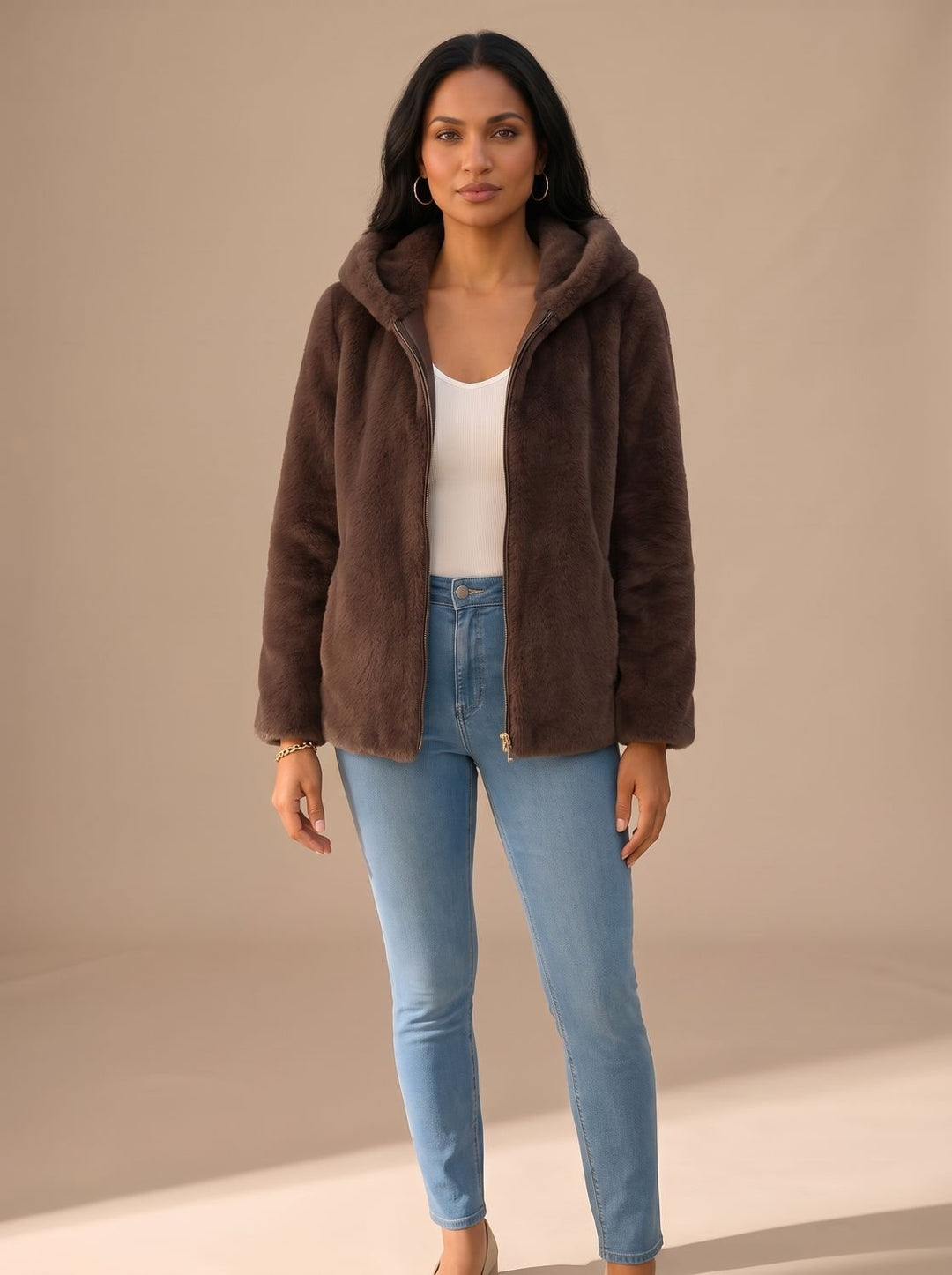 Damen Trenchcoat Oversized mit Kapuze aus Fleece in Braun