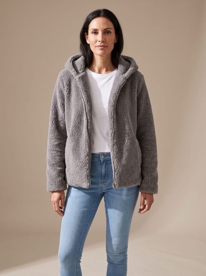 Damen Trenchcoat Oversized mit Kapuze aus Fleece in Grau