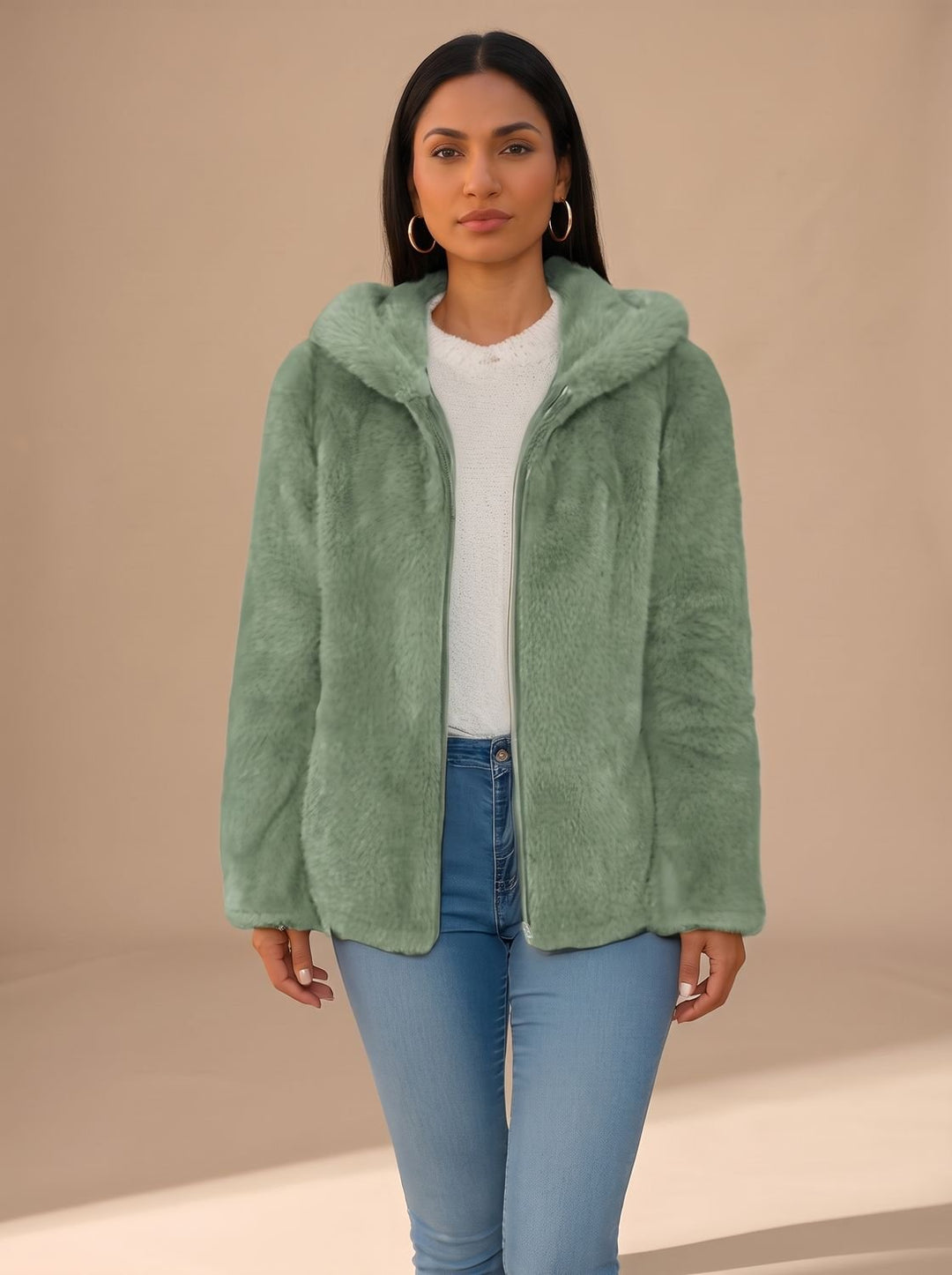 Damen Trenchcoat Oversized mit Kapuze aus Fleece in Grün