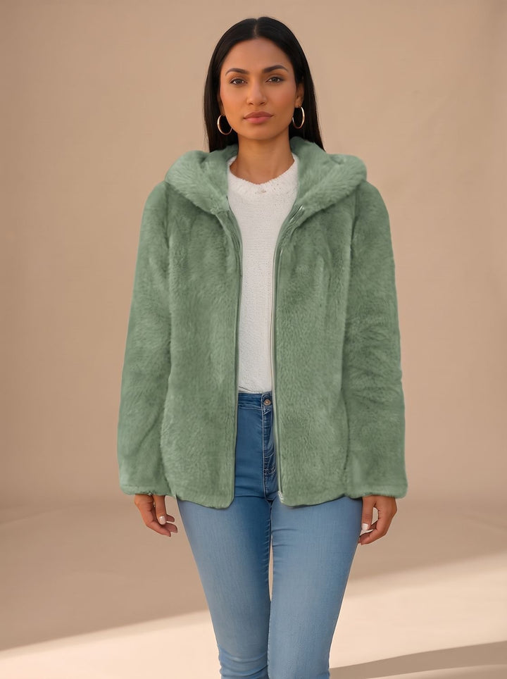 Damen Trenchcoat Oversized mit Kapuze aus Fleece in Grün