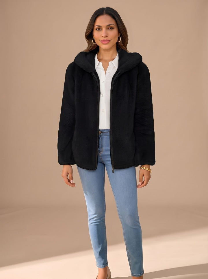 Damen Trenchcoat Oversized mit Kapuze aus Fleece in Schwarz