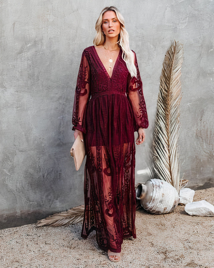 Damen V-Ausschnitt Maxikleid mit Schlitz für Hochzeitsgäste in Rot