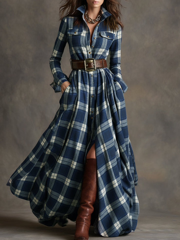 Damen Vintage Abendkleid im Karomuster in Blau