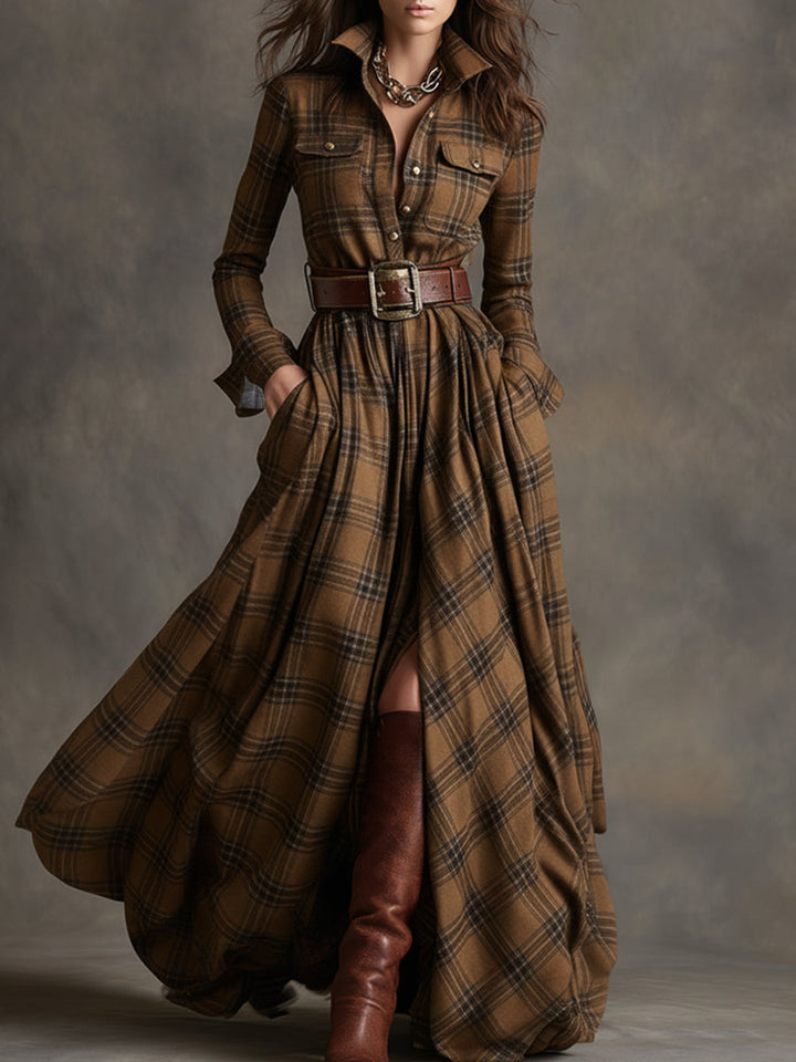 Damen Vintage Abendkleid im Karomuster in Braun