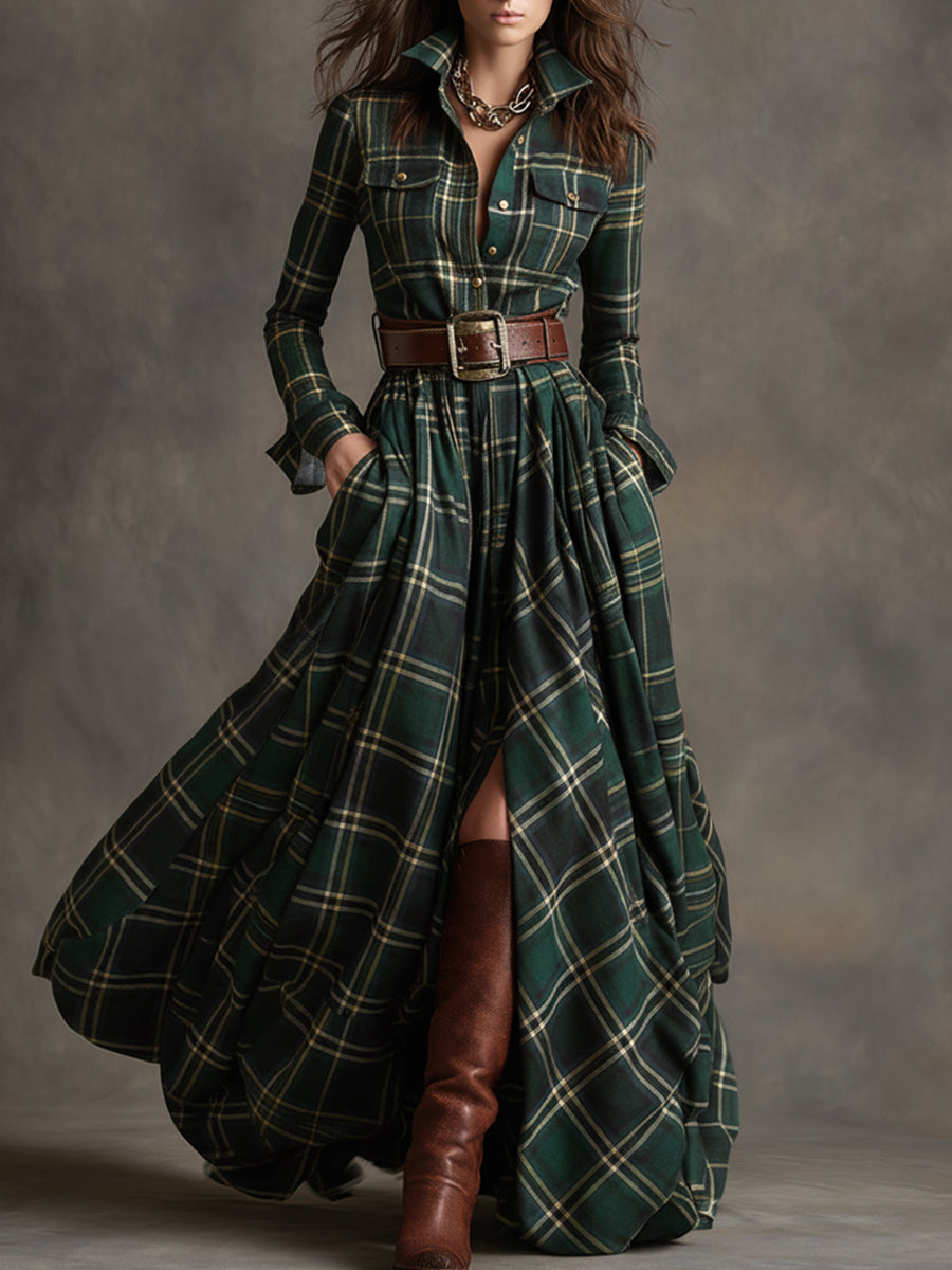 Damen Vintage Abendkleid im Karomuster in Grün