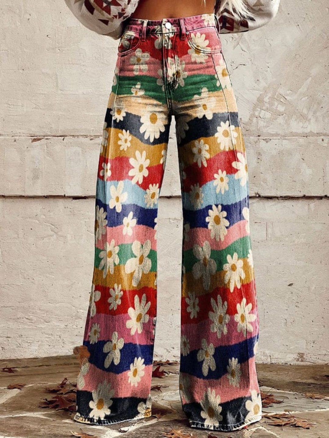 Damen Vintage Jeans mit breitem Blümchen-Druck