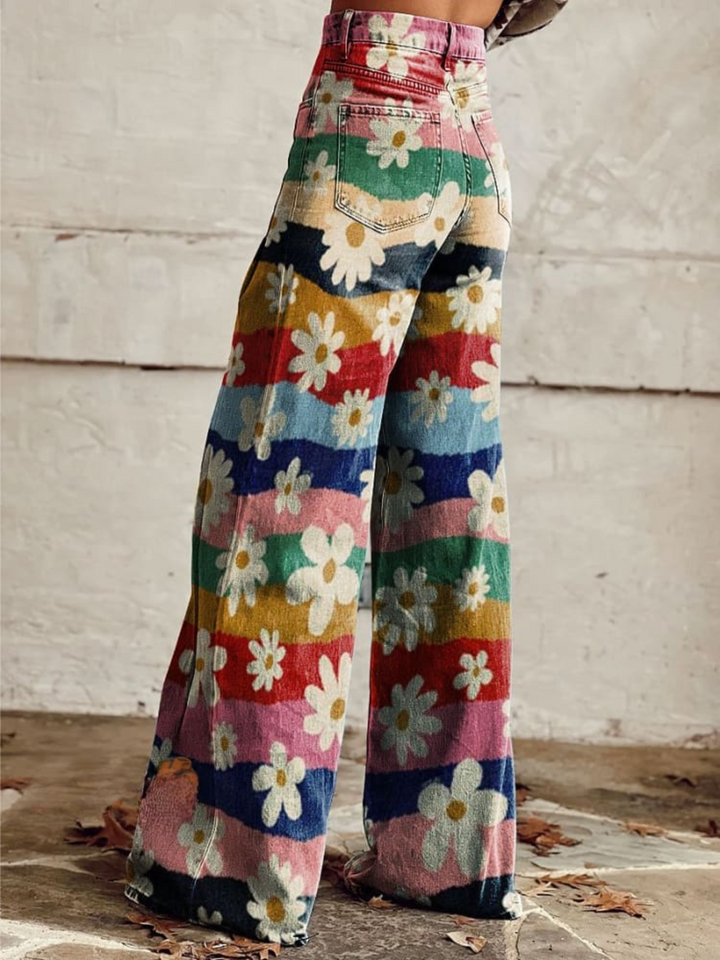 Damen Vintage Jeans mit breitem Blümchen-Druck in Mehrfarbig